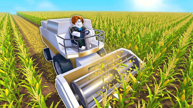 A Roblox character pushing a mower through a dense corn field, corn ears flying as they are cut down in Harvest It All.