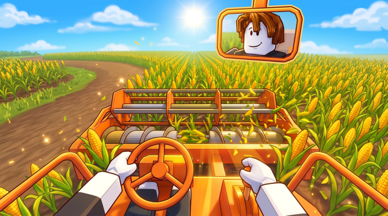 First-person view from an orange combine harvester cutting through a bright corn field in Harvest It All, with the driver smiling in the mirror.